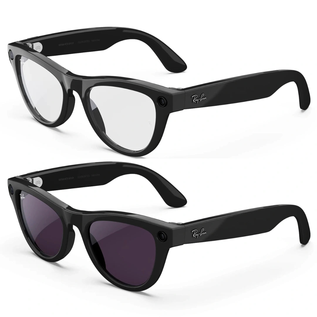 Gafas inteligentes Ray-Ban Meta Wayfarer negras: un par con lentes transparentes (graduadas) y otro con lentes de sol oscuras.