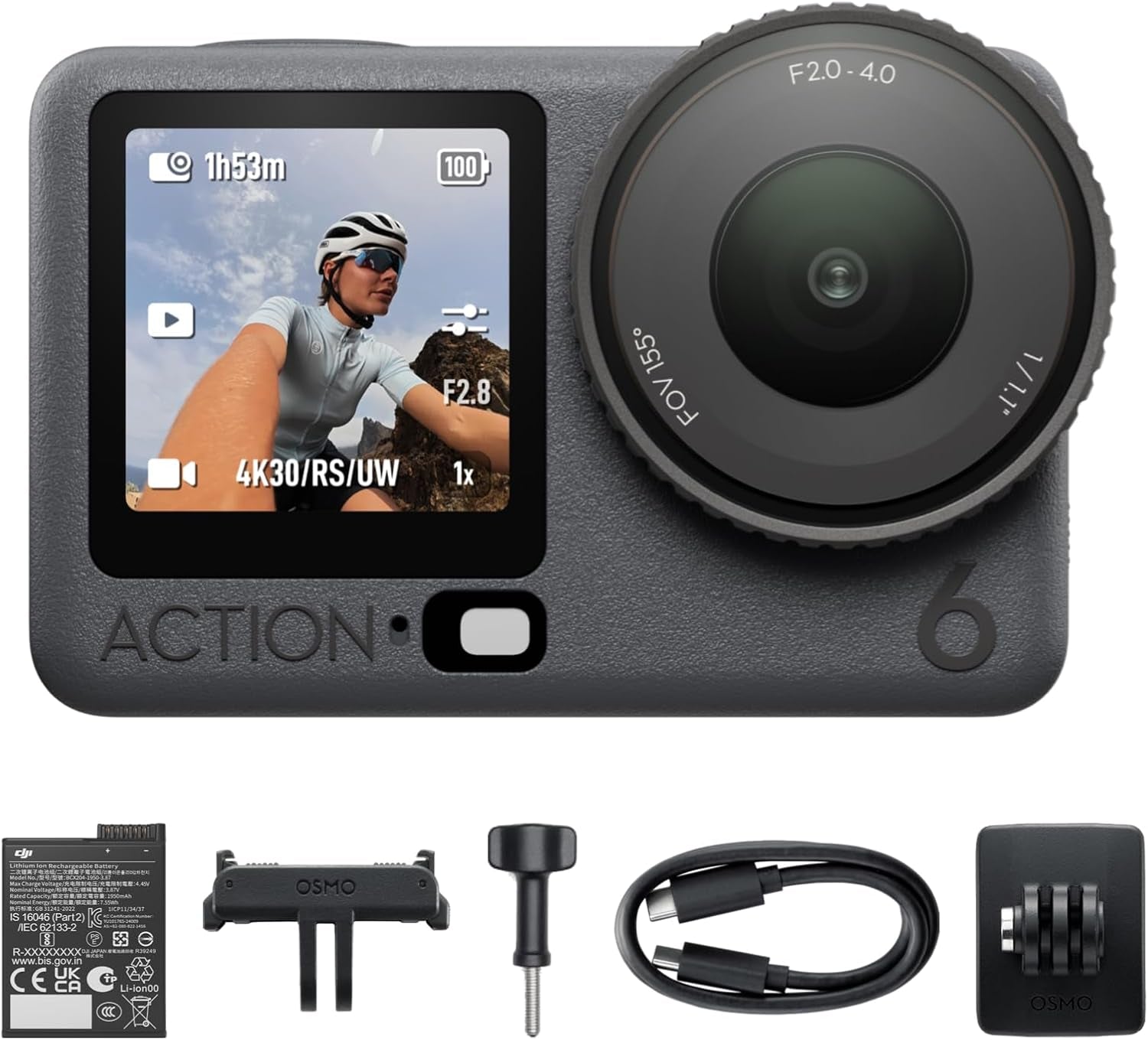 Osmo Action 6 Essential Combo, Action Camera with 1/1.1″ Square Sensor, Variable Aperture of F/2.0–F/4.0, Cold-Resistant, 4Hrs Battery, Action Camera 8K Ideal for Daily Use