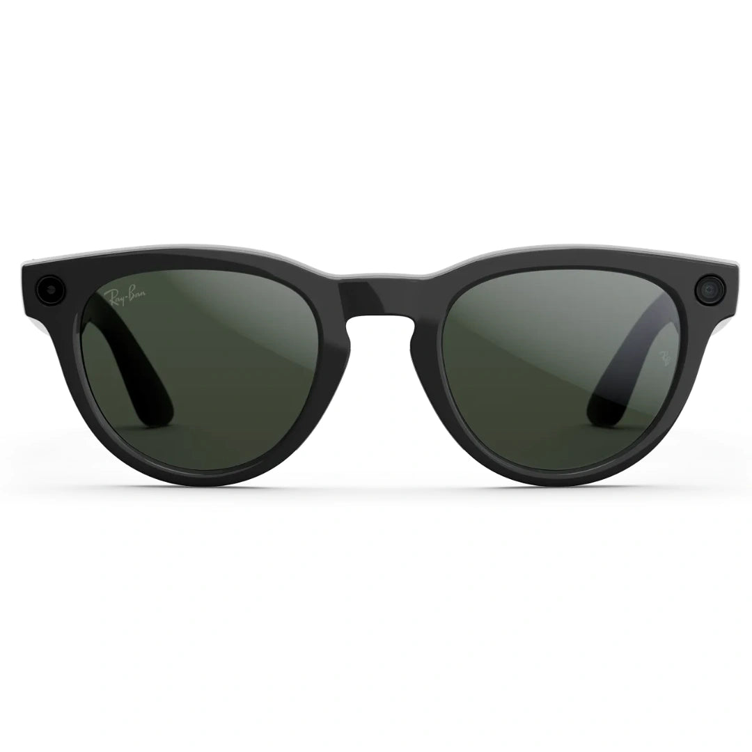 Gafas de sol inteligentes Ray-Ban Meta negras con lentes oscuras, diseño redondeado y cámaras frontales de alta resolución para streaming.
