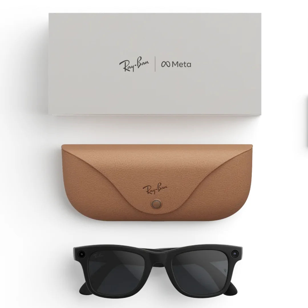 Contenido de la caja de las Ray-Ban Meta Wayfarer: gafas negras mate con lentes polarizadas, estuche de carga y caja de marca Meta y Ray-Ban.