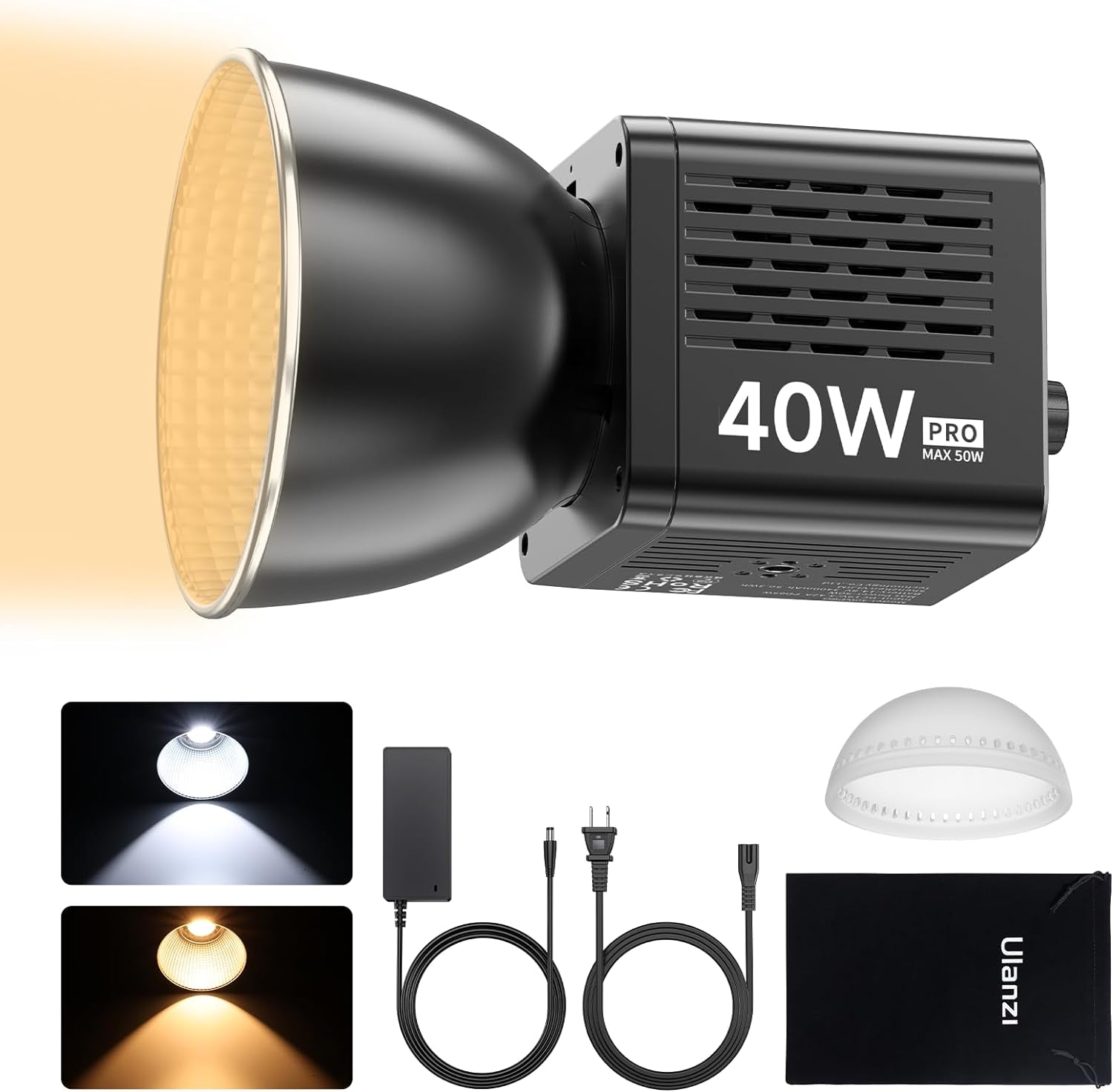 40W Pro Portable LED Video Light with DC Power Adapter, 3400Mah Build-In Battery Metal Mini Dual Color Temperature COB Continuous Output Lighting Handheld Spotlight 2500K-6500K for Video