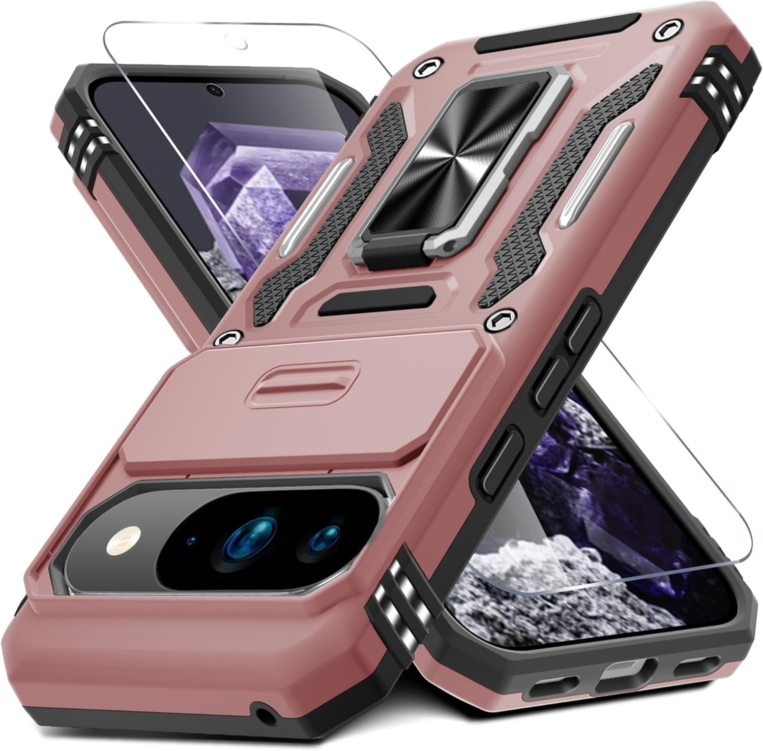 Case for Google Pixel 10/10 Pro with Slide Camera Cover+Screen Protector(1 Pack), Rotated Ring Kickstand Military Grade Shockproof Protective Cover-Green