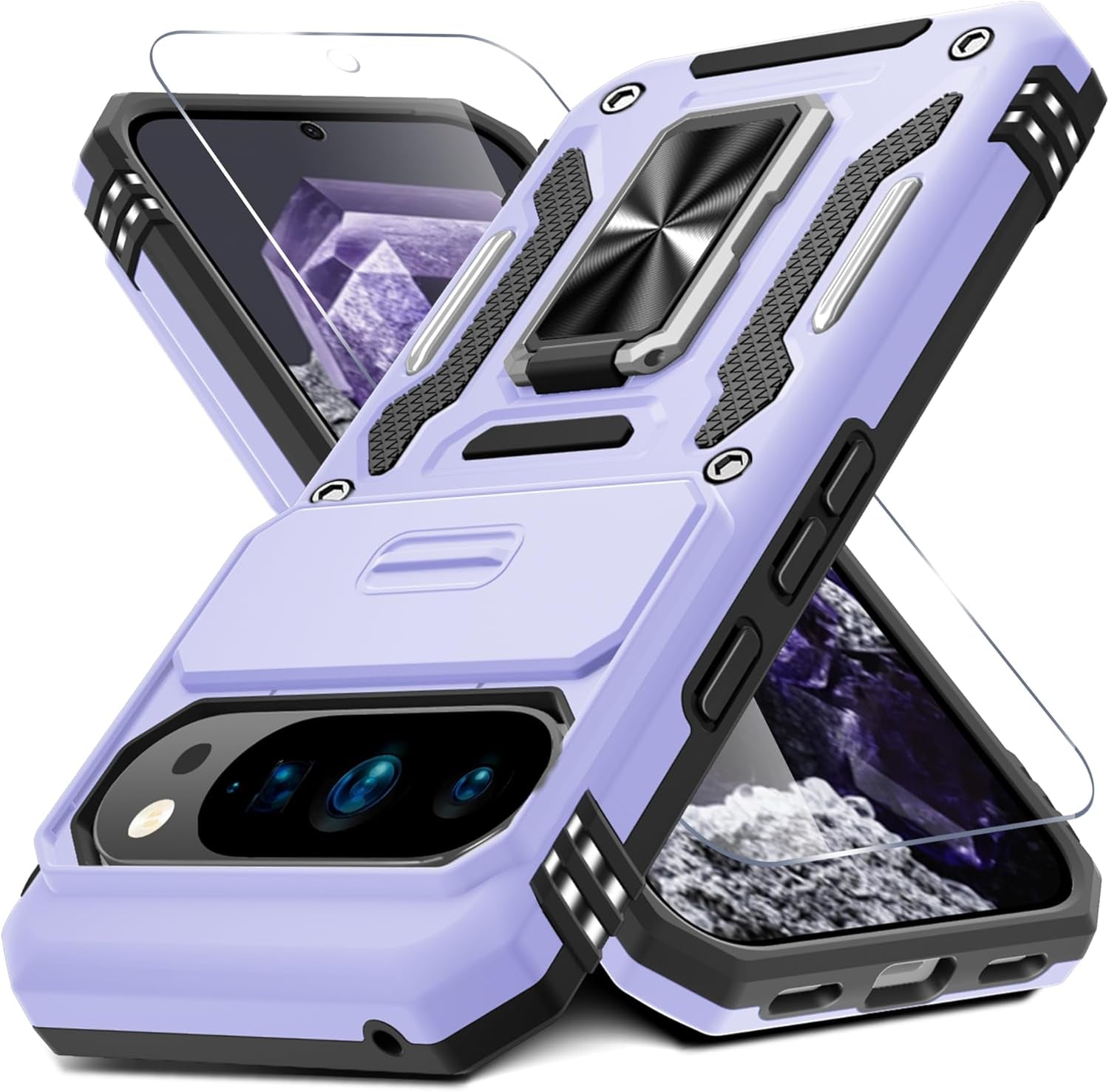 Case for Google Pixel 10/10 Pro with Slide Camera Cover+Screen Protector(1 Pack), Rotated Ring Kickstand Military Grade Shockproof Protective Cover-Green