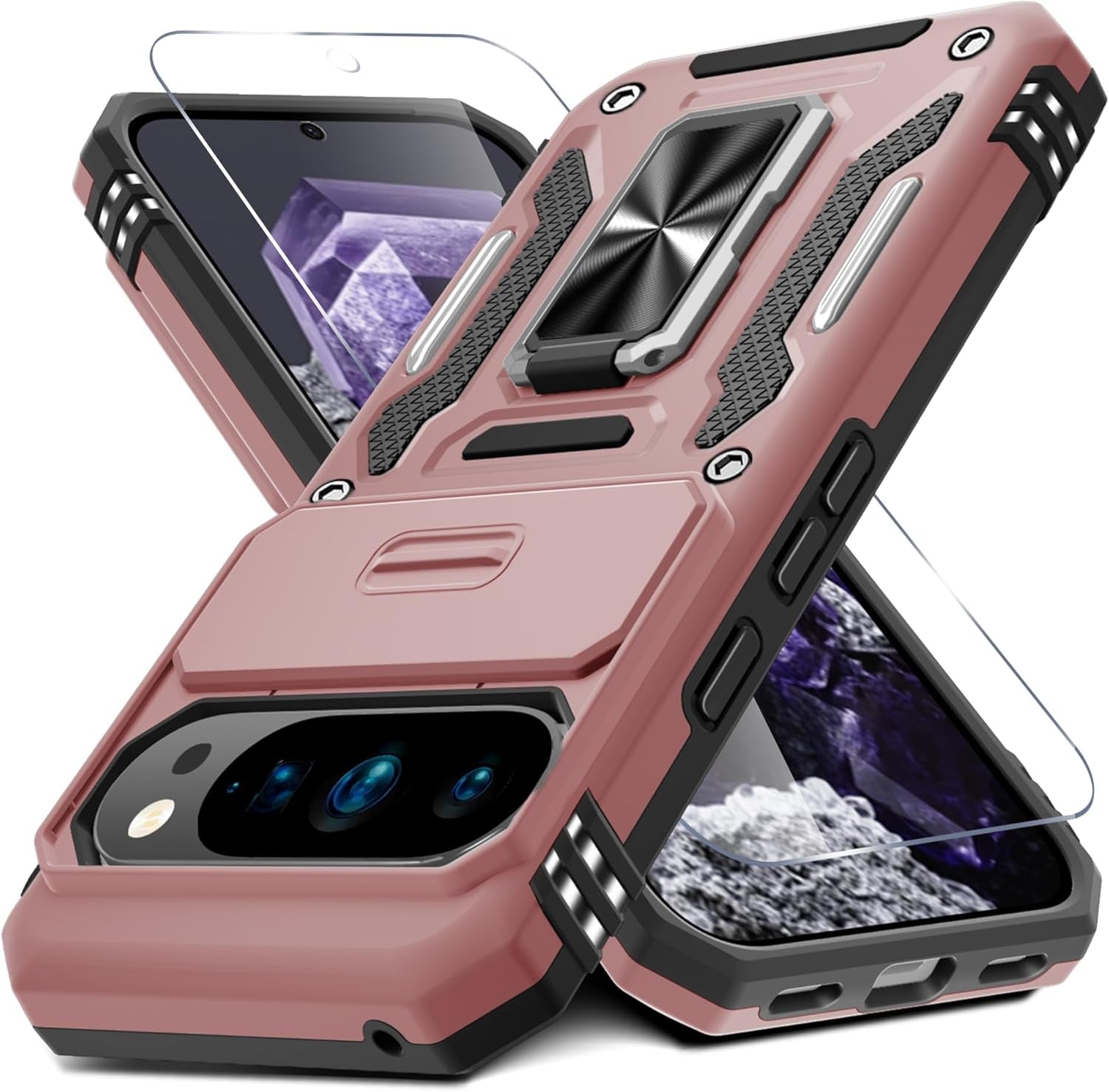 Case for Google Pixel 10/10 Pro with Slide Camera Cover+Screen Protector(1 Pack), Rotated Ring Kickstand Military Grade Shockproof Protective Cover-Green