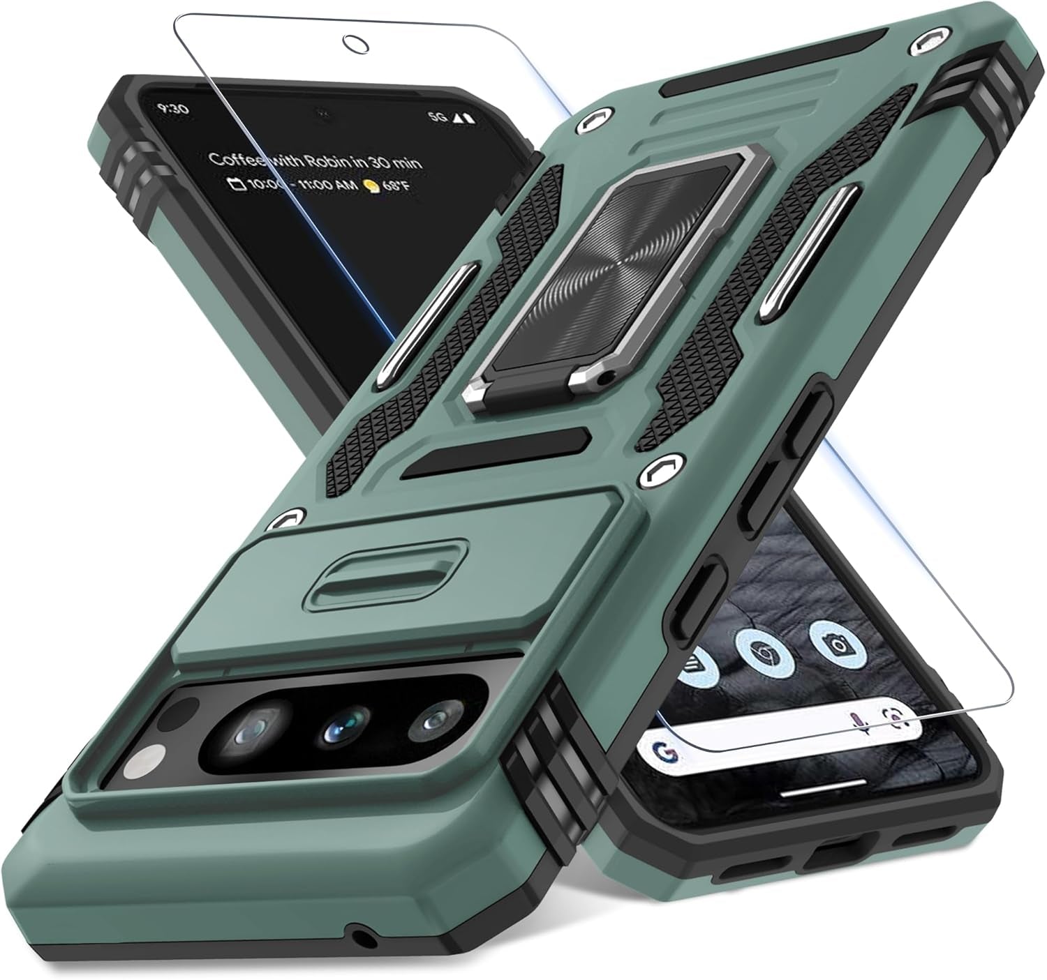 Case for Google Pixel 10/10 Pro with Slide Camera Cover+Screen Protector(1 Pack), Rotated Ring Kickstand Military Grade Shockproof Protective Cover-Green