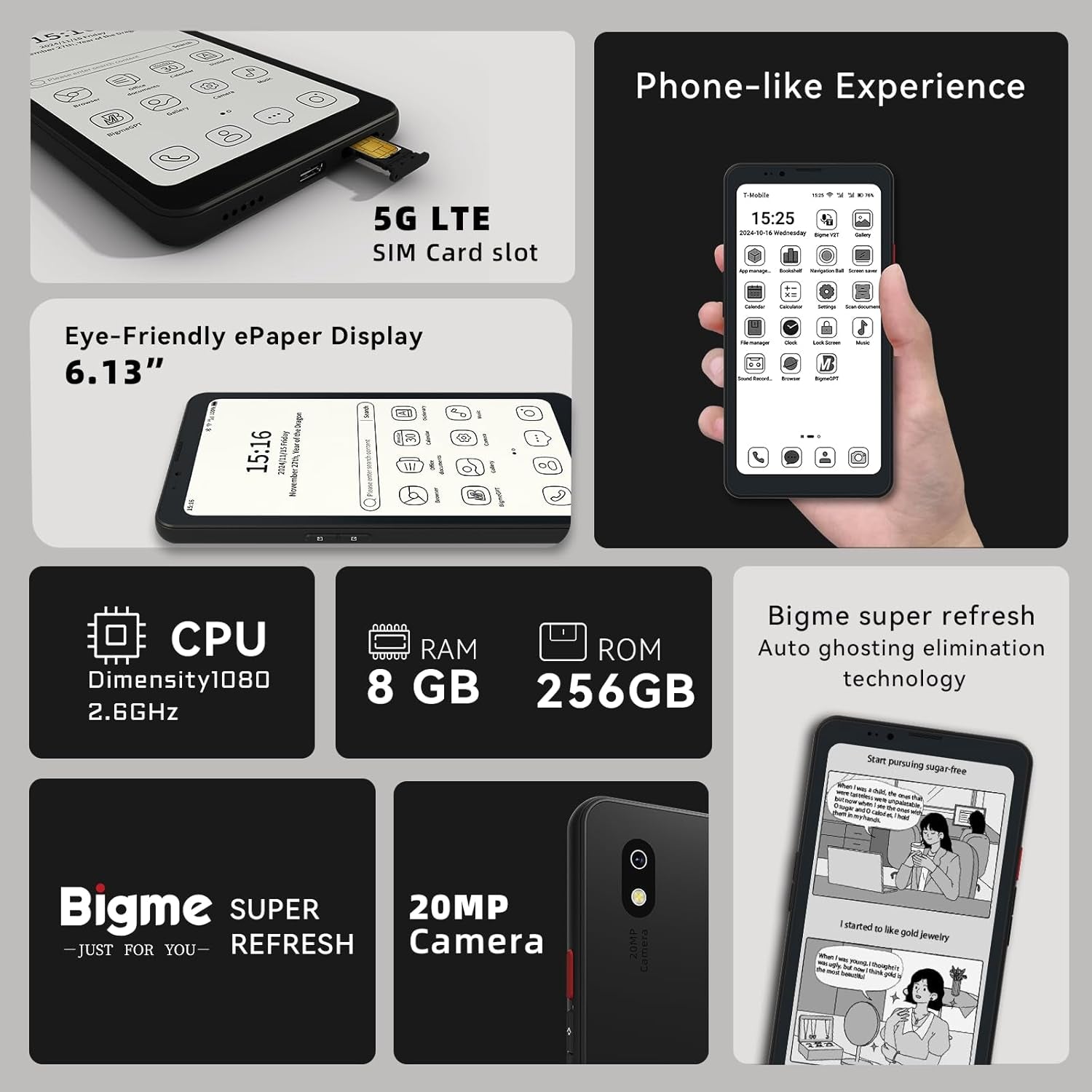 Hibreak Pro 6.13" Epaper Cell Phone 8+256 GB Android 14 OS Smart Phone,5G Dual SIM, GPS, Black