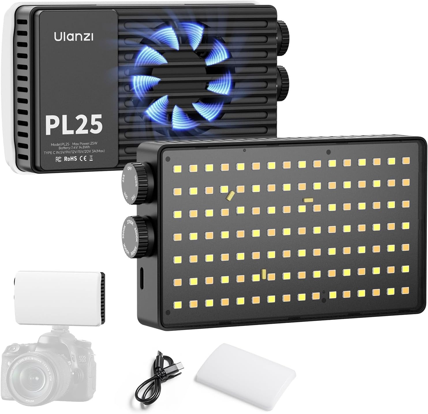 PL25 Video Light, 25W LED Camera Light Mini Panel Bi-Color for DSLR Photography, 3200Lux, CRI≥96 2700K-6500K, 2000Mah Rechargeable Portable On-Camera Lighting for Photo, Video, Youtube, Vlog