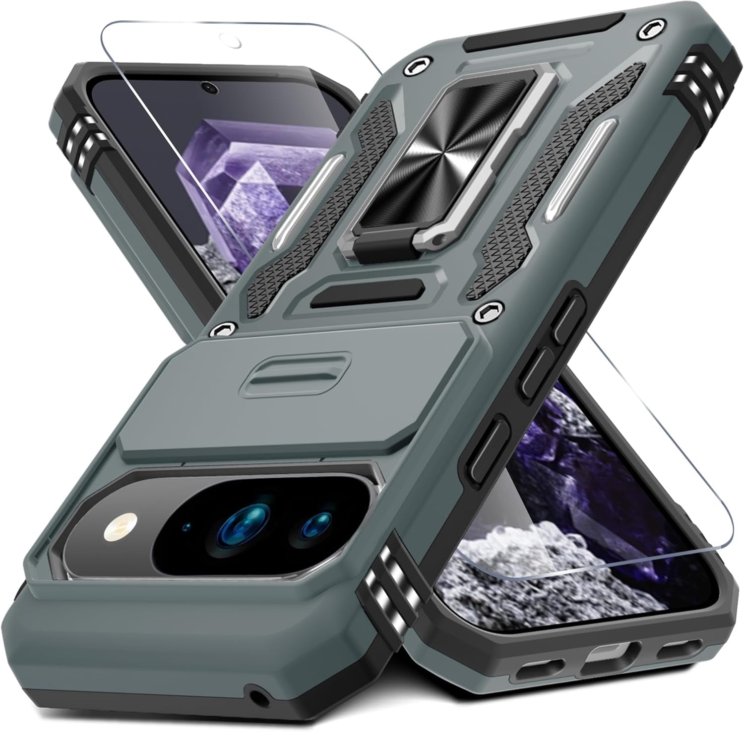 Case for Google Pixel 10/10 Pro with Slide Camera Cover+Screen Protector(1 Pack), Rotated Ring Kickstand Military Grade Shockproof Protective Cover-Green