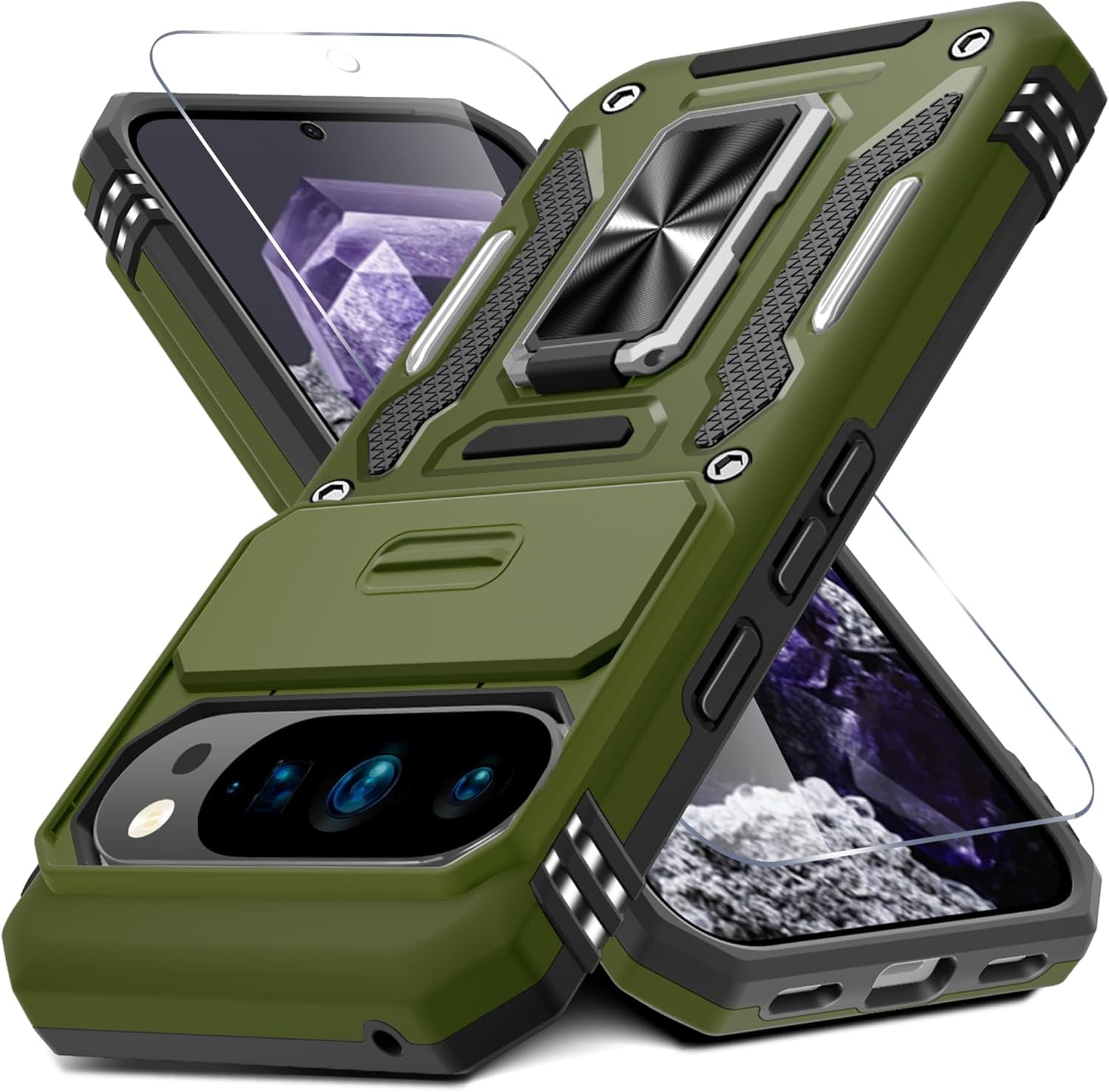 Case for Google Pixel 10/10 Pro with Slide Camera Cover+Screen Protector(1 Pack), Rotated Ring Kickstand Military Grade Shockproof Protective Cover-Green