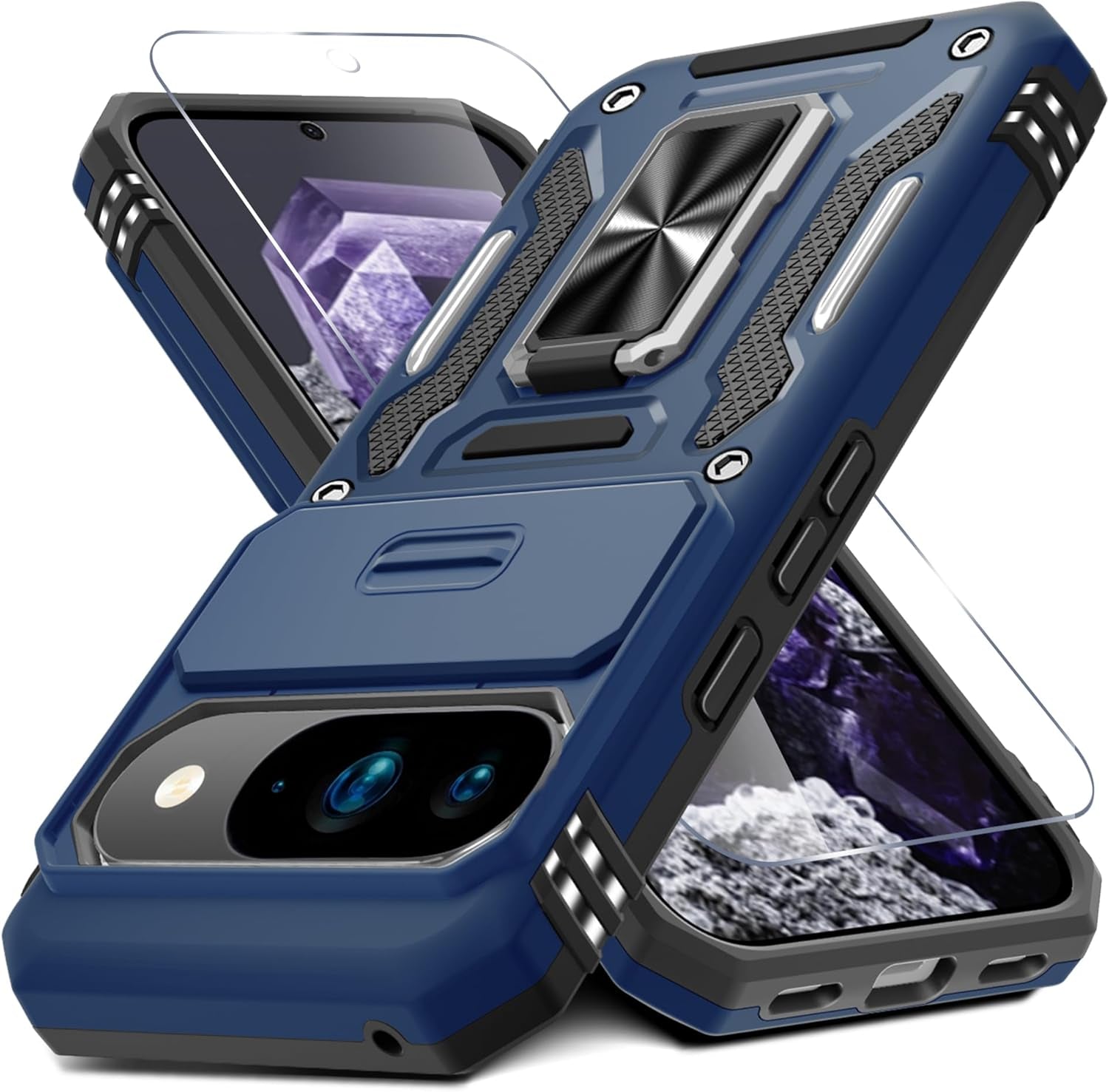 Case for Google Pixel 10/10 Pro with Slide Camera Cover+Screen Protector(1 Pack), Rotated Ring Kickstand Military Grade Shockproof Protective Cover-Green