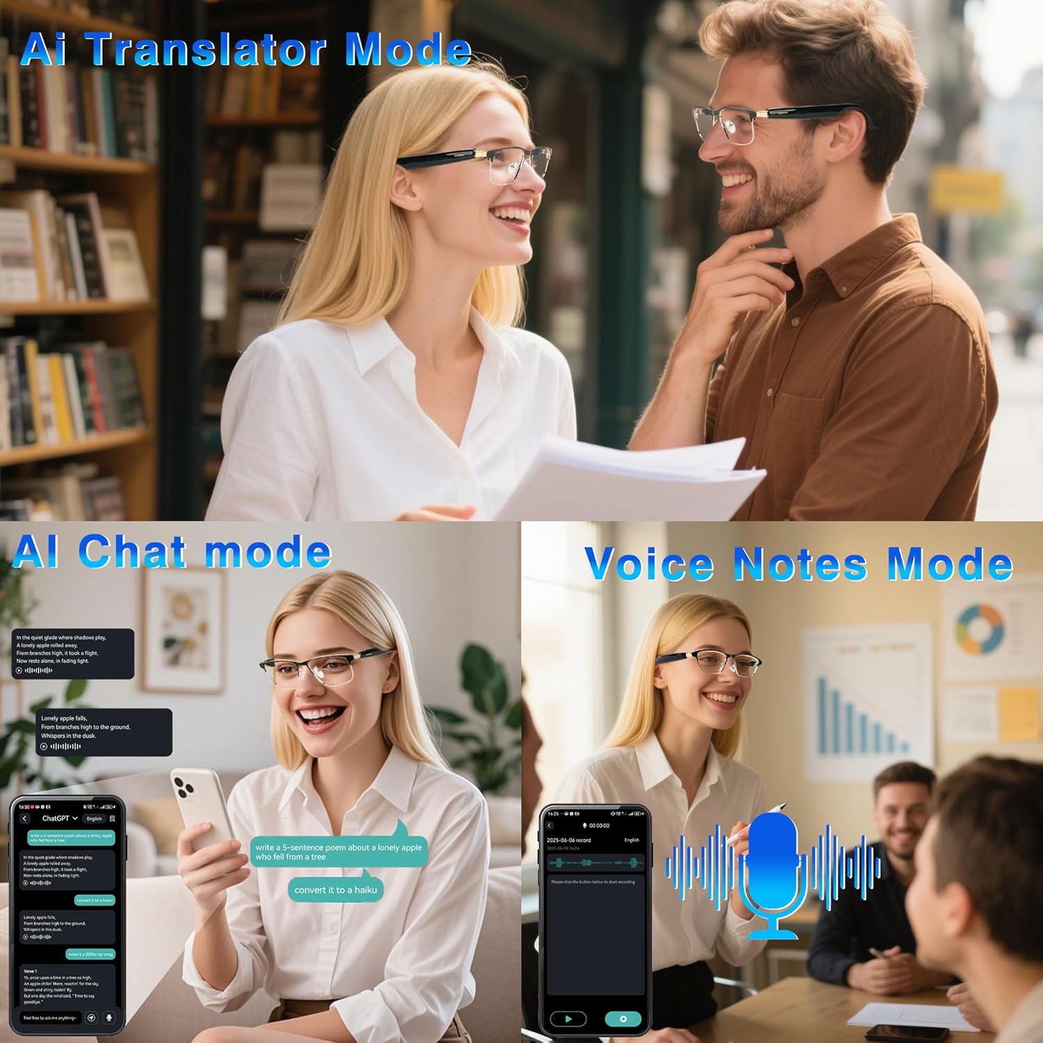 Gafas inteligentes con traducción de IA, chat, GPT y Bluetooth Deepspeek