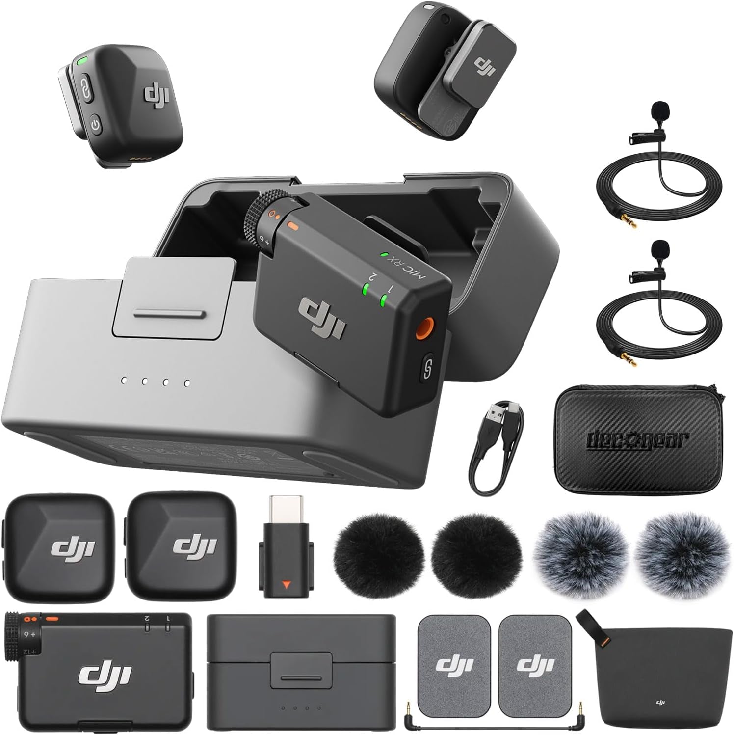 Mic Mini (2 TX + 1 RX + Charging Case) Wireless Lavalier Microphone, Ultralight, Noise Cancelling, up to 48-Hour Battery Life Bundle with 2 X Deco Gear Lapel Microphone and 5" EVA Case