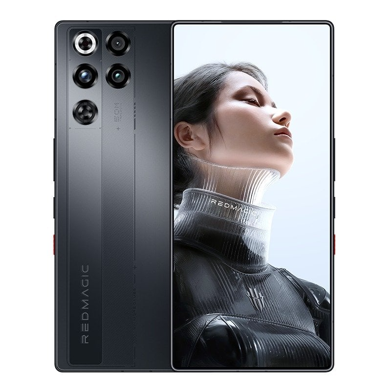 Smartphone gaming Redmagic negro vistas frontal y trasera con cámara y pantalla completa.