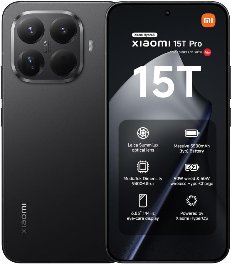Smartphone Xiaomi 15T Pro negro, vistas frontal y trasera con cámara Leica.