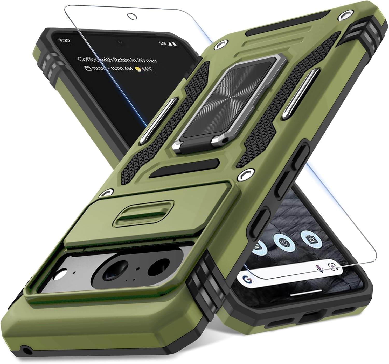 Case for Google Pixel 10/10 Pro with Slide Camera Cover+Screen Protector(1 Pack), Rotated Ring Kickstand Military Grade Shockproof Protective Cover-Green