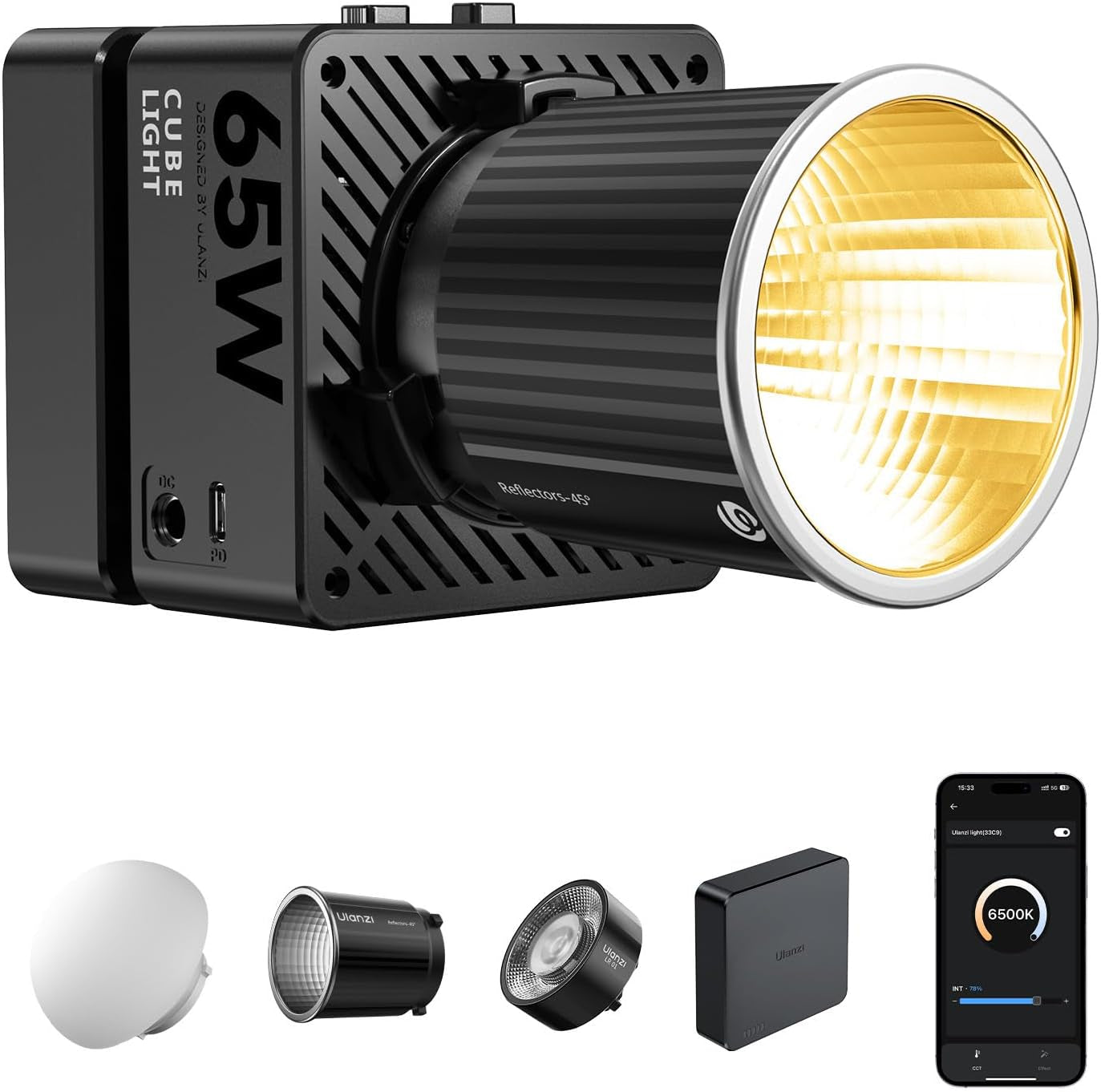 EC65 Video Light - 65W COB LED Video Light Mini Bi Color Portable Continuous Output Lighting with Battery & APP Control, 2700K-6500K CRI≥95 Bowens Mount Handheld Spotlight for Camera, Tripod
