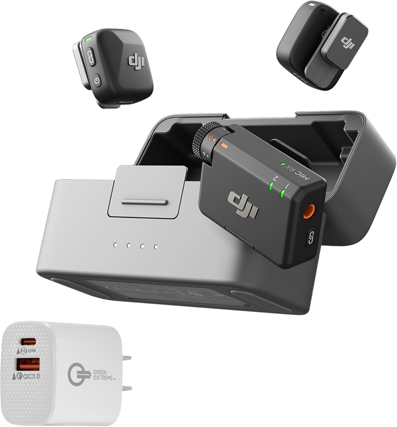 Mic Mini (2 TX + 1 RX + Charging Case), Ultralight, 48H Use, Noise Cancelling, Automatic Limiting, Wireless Microphone for Camera/Iphone/Android, Vlog, Streaming + 20W 2-Port Wall Charger