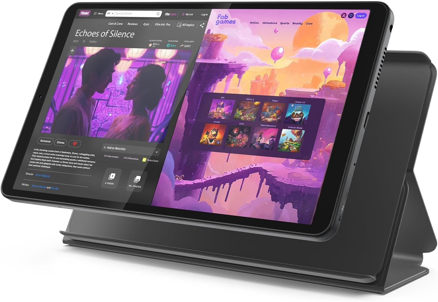 Tab One - Lightweight Tablet - up to 12.5 Hours of Youtube Streaming - 8.7" HD Display - 4 GB Memory - 64 GB Storage - Mediatek Helio G85 - Includes Folio Case