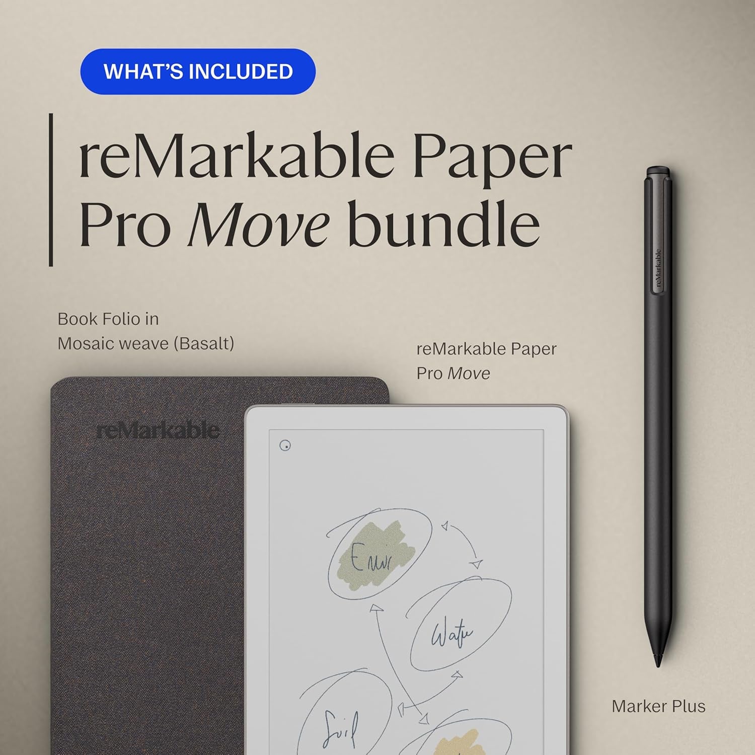 Paper Pro Move - Weave Folio Bundle | Ultraportable Color 7.3" Paper Tablet with Marker plus Pen with Eraser, and a Book Folio Cover in Mosaic Weave – Basalt