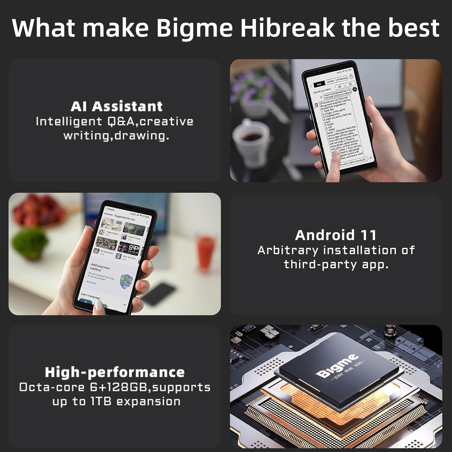 Color E-Ink Screen Mobile Hibreak, 6G+128GB Android 11 Smartphone, 36-Level Front Light, USB-C, 3300Mah Battery, 5+13MP Camera - Black