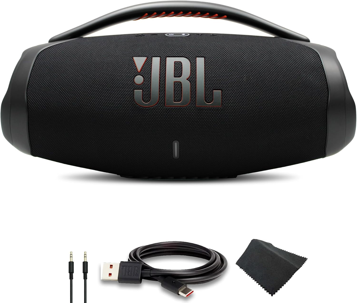 Boombox 3 - Portable Bluetooth Speaker, IPX7 Waterproof, 24 Hours of Playtime (Black) (BOOMBOX3BLKAM) + AUX Cable + USB-C Cable + Microfiber Cloth