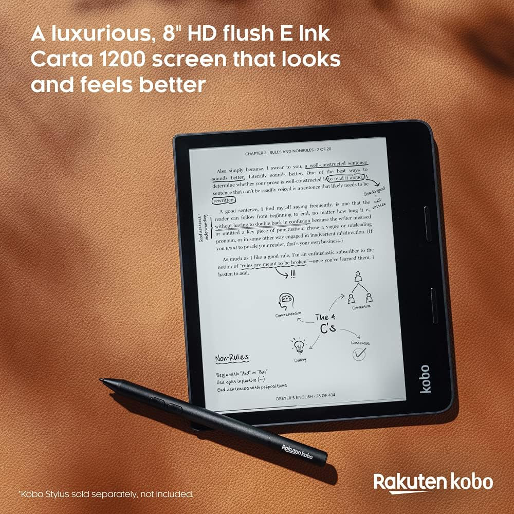 Sage | Ereader | 8” HD Glare Free Touchscreen | Waterproof | Adjustable Brightness and Color Temperature | Blue Light Reduction | Bluetooth | Wifi | 32GB of Storage | Carta E Ink Technology