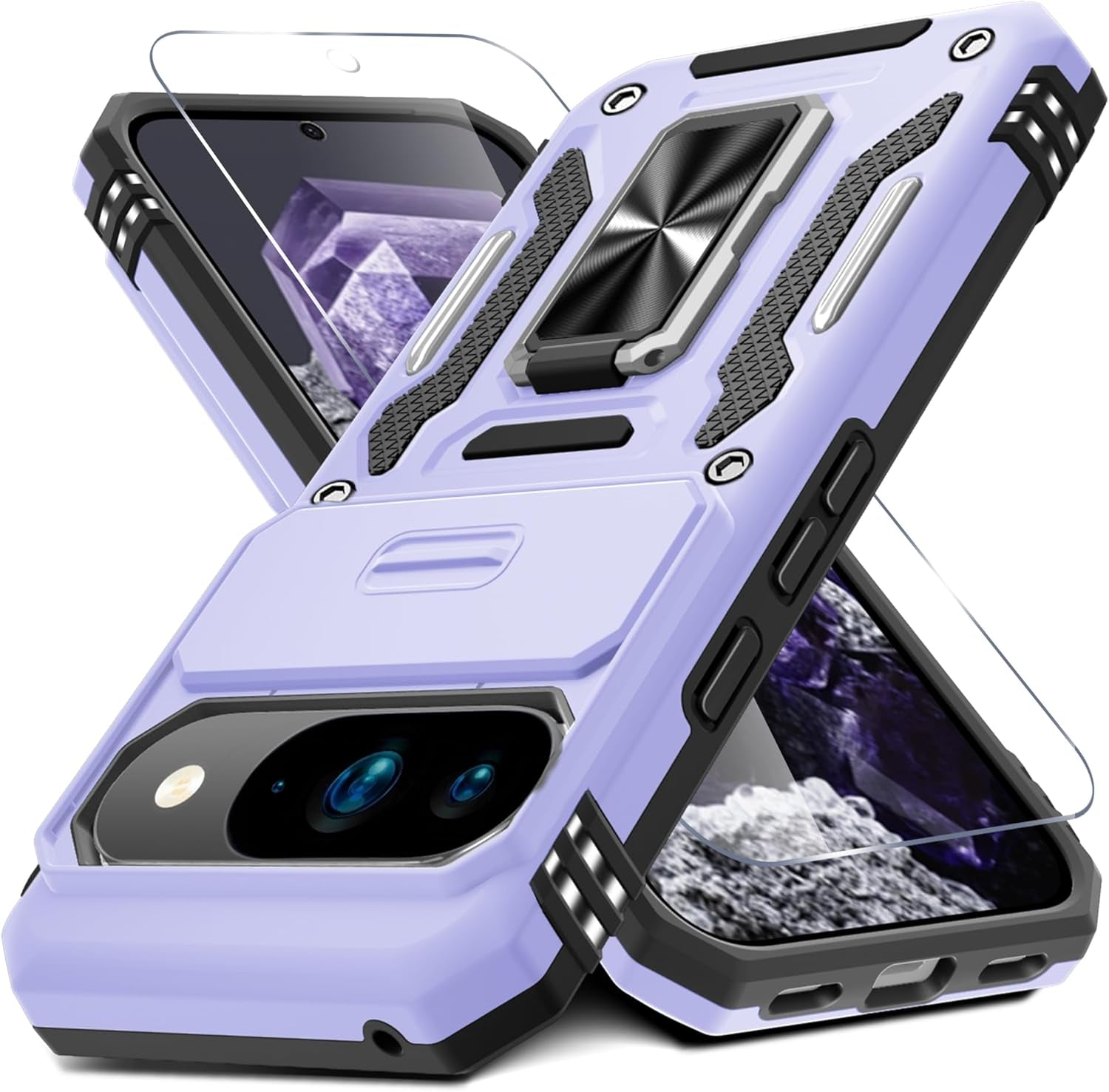 Case for Google Pixel 10/10 Pro with Slide Camera Cover+Screen Protector(1 Pack), Rotated Ring Kickstand Military Grade Shockproof Protective Cover-Green