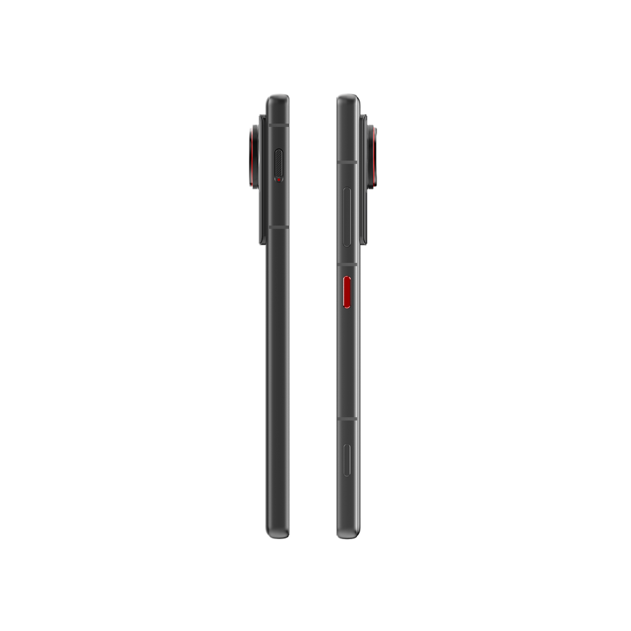 Perfiles laterales del smartphone Nubia negro, botones y relieve de cámara.