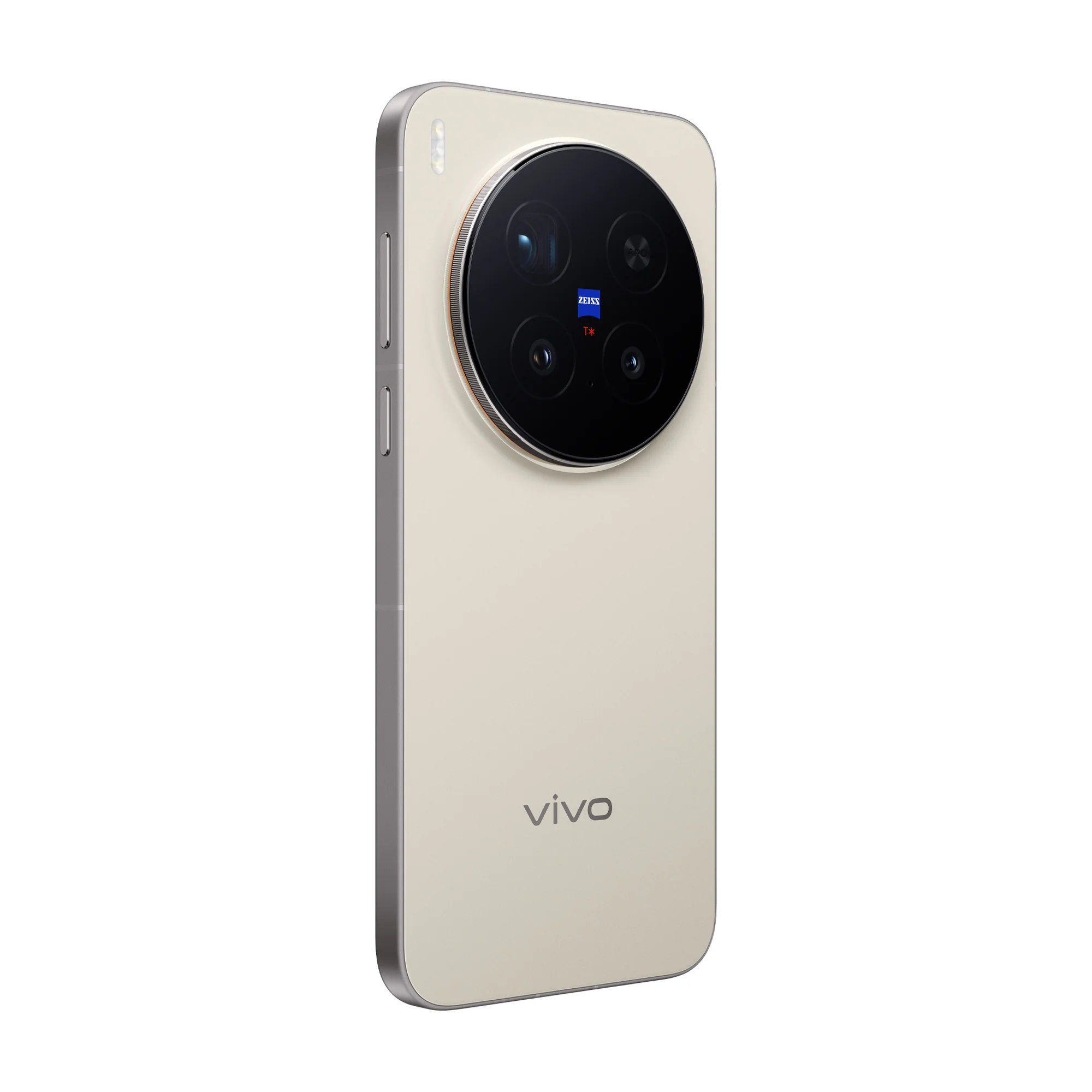 vivo X300 Pro crema: vista trasera en ángulo y perfil.