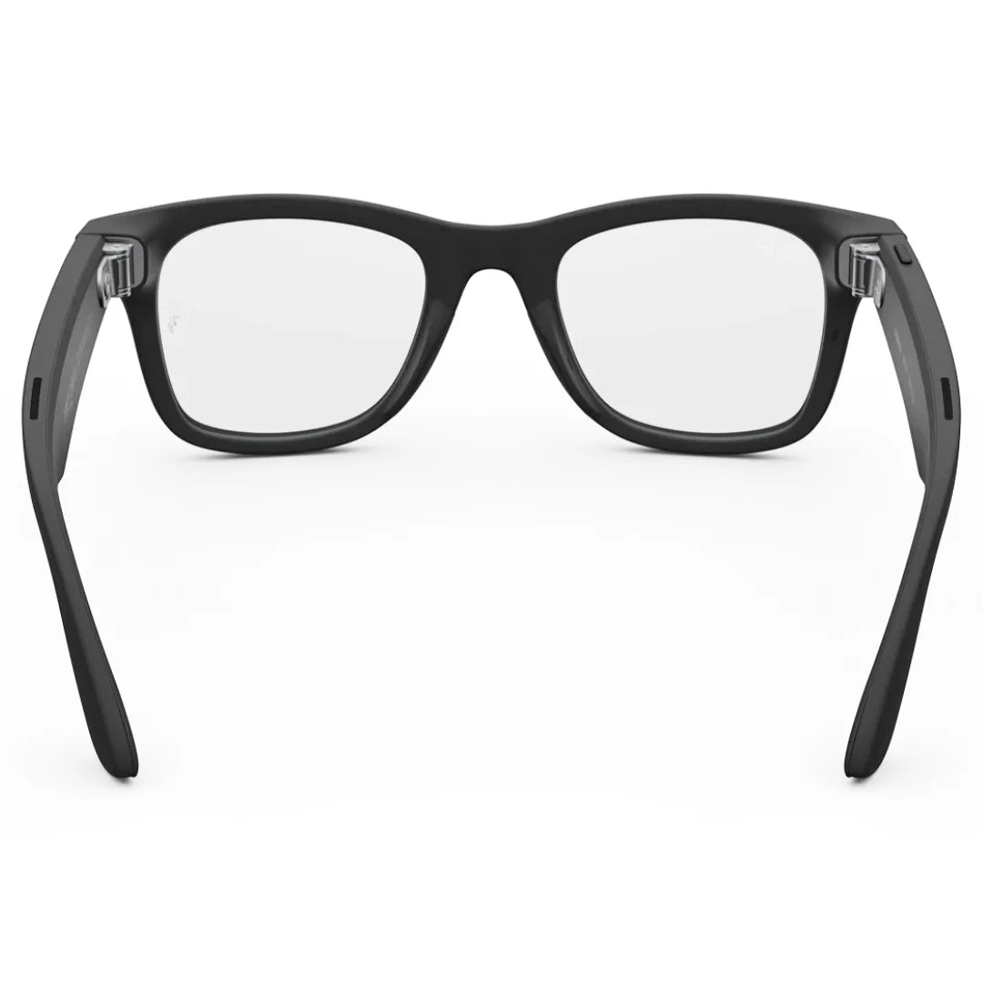 Gafas inteligentes Ray-Ban Meta Wayfarer (Gen 2) en negro, vista posterior, mostrando los altavoces en las patillas y el diseño del interior.