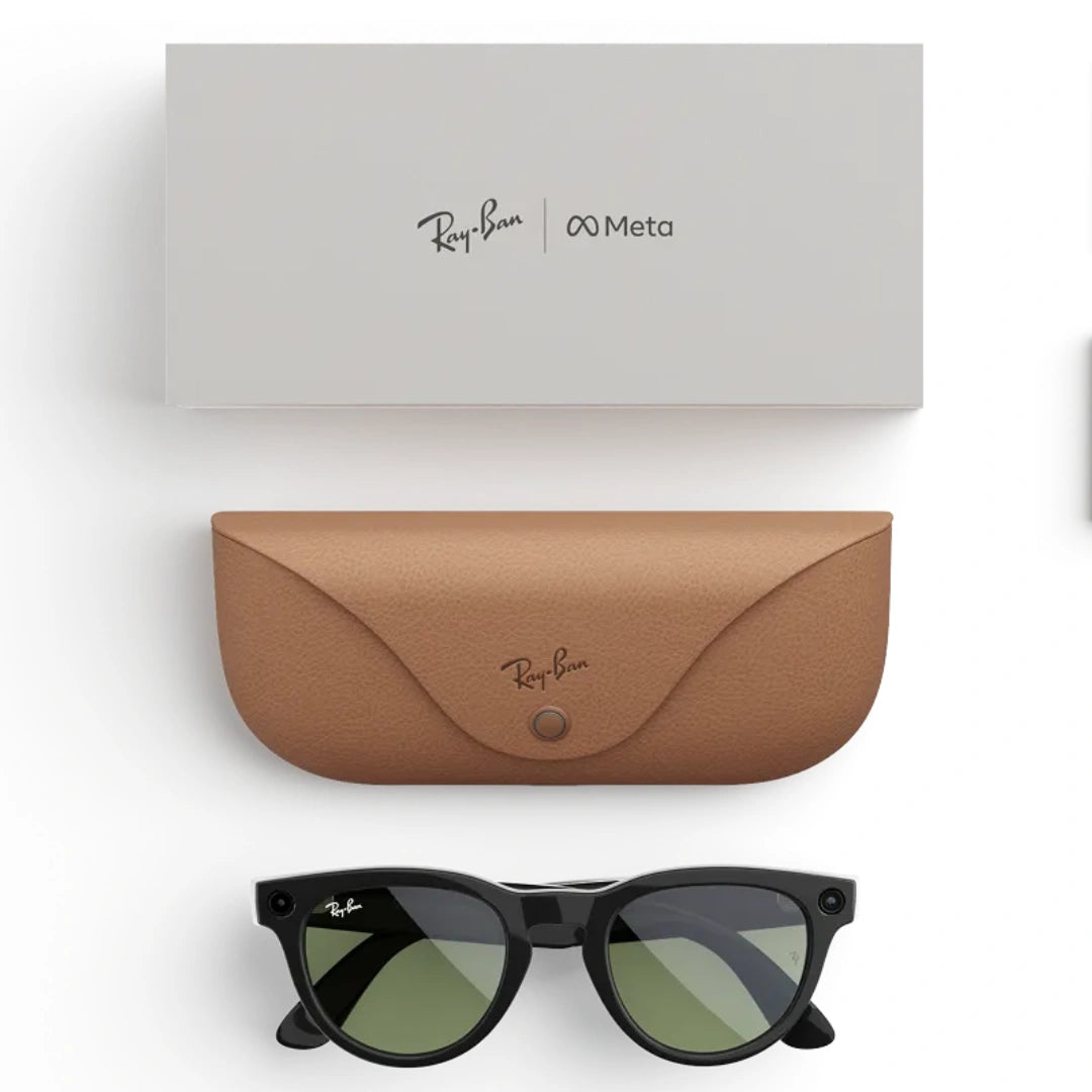 Unboxing de las gafas inteligentes Ray-Ban Meta Wayfarer negras con lentes verdes. Incluye estuche de carga marrón y caja.