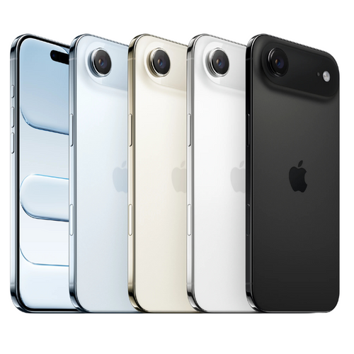 Cinco modelos de iPhone 17 Air alineados en diferentes colores: negro, blanco, oro/crema y azul. Muestra el diseño trasero con cámara única y flash.