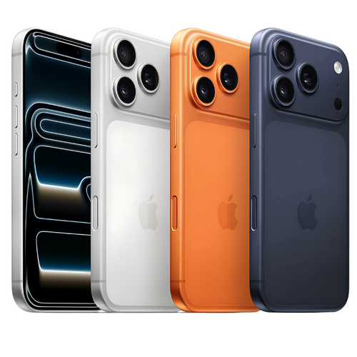 Cuatro modelos del iPhone 17 Pro Max (plateado, blanco, naranja y azul) en fila. Muestra la parte trasera con el sistema de tres cámaras.