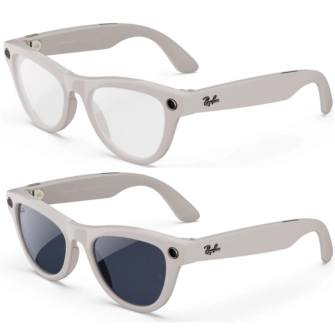 Gafas inteligentes Ray-Ban Meta Wayfarer grises en dos versiones: lentes transparentes y lentes oscuras de sol.