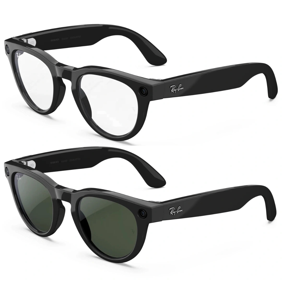 Dos pares de Ray-Ban Meta Smart Glasses negras: unas con lentes transparentes de vista y otras con lentes de sol oscuras.