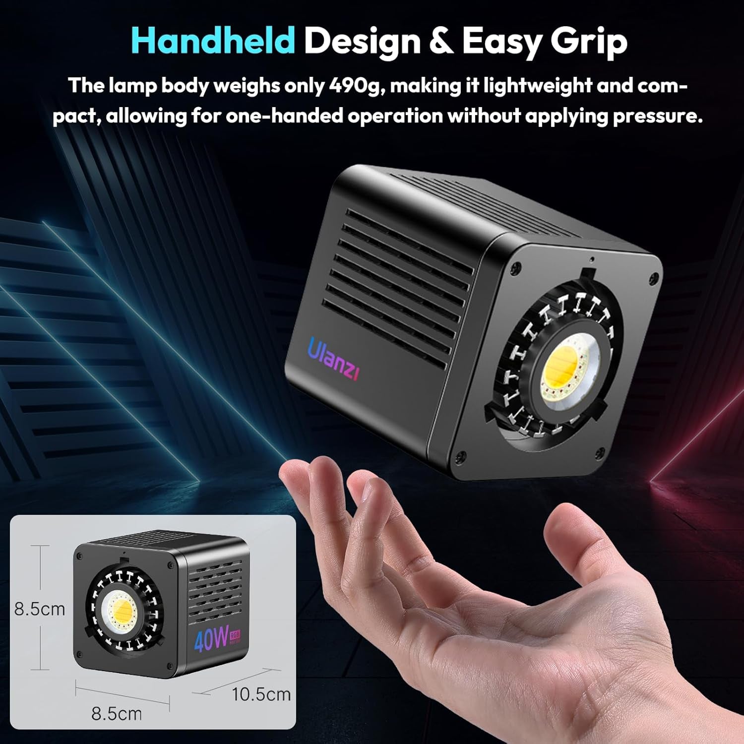 40W Pro RGB Portable LED Video Light W DC Power Adapter, 3400Mah Build-In Battery Metal Mini Adjustable Color Temperature COB Continuous Output Lighting Handheld Spotlight 2500K-6500K for Video