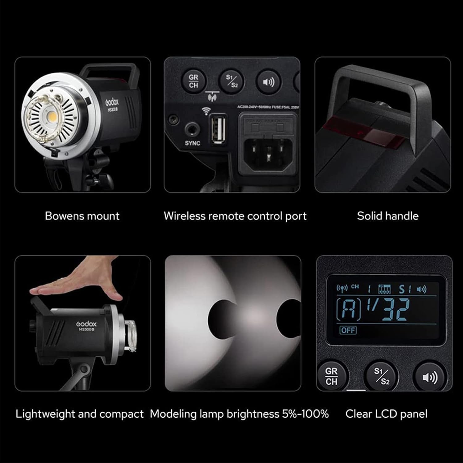 MS300V MS300-V Compact Studio Strobe Flash Light - 300W,GN58 0.1-1.8S Recycle Time,2.4G X System,Bowens Mount LED Modeling Lamp for Photographic Studio Portrait Shooting(Ms300 Upgraded Version)
