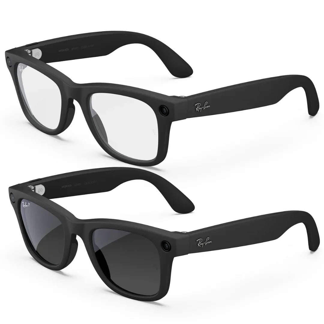 Dos pares de gafas Ray-Ban Meta Wayfarer (Gen 2) negras mate. Uno con lentes transparentes y el otro con lentes de sol oscuras polarizadas.