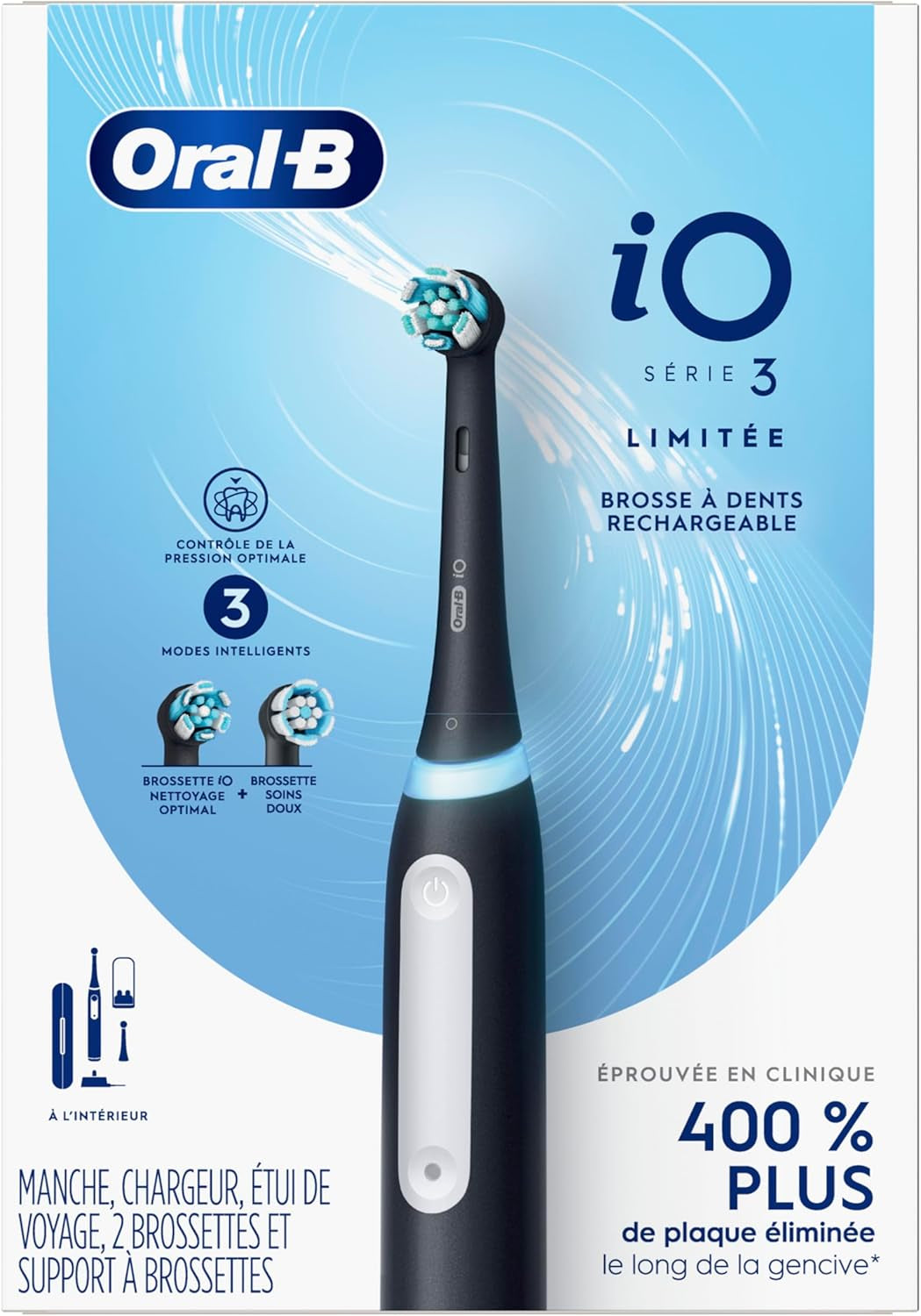 Io Deep Clean Rechargeable Electric Toothbrush, Black, Io Series 3 Limited, 2 Brush Heads, Travel Case, Pressure Sensor, 3 Cleaning Settings