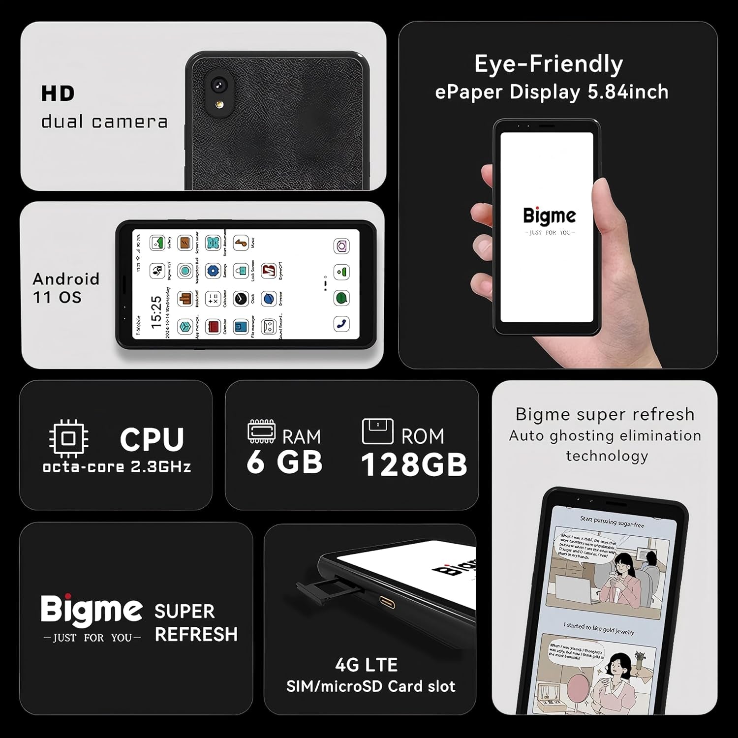 Color E-Ink Screen Mobile Hibreak, 6G+128GB Android 11 Smartphone, 36-Level Front Light, USB-C, 3300Mah Battery, 5+13MP Camera - Black