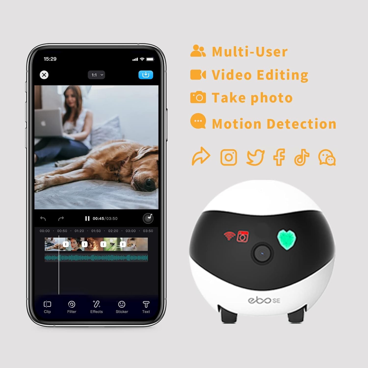 SE Familybot Home Camera Robot: 1080P Movable Pet Camera Indoor, Battery-Operated, Auto-Recharge, Night Vision, 2-Way Talk, Local Storage, APP Control