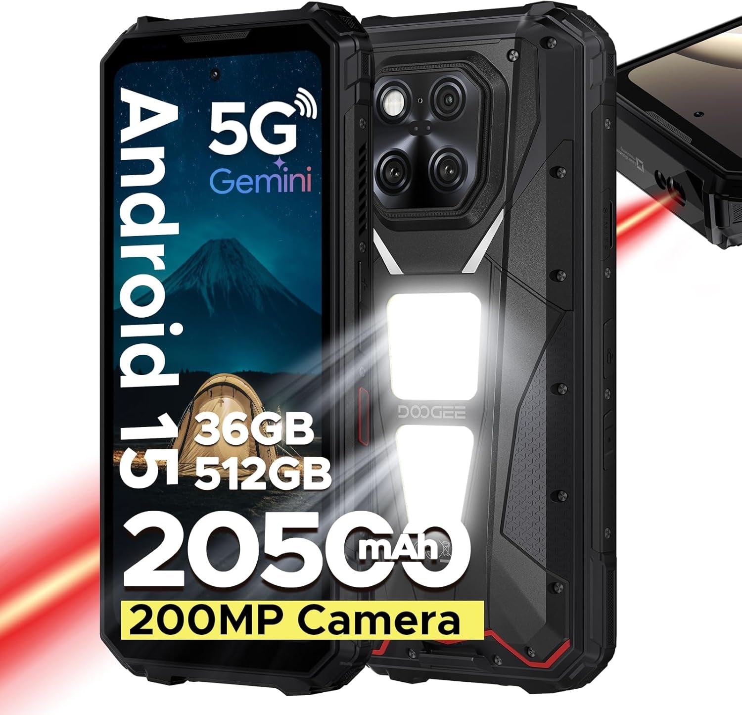 V Max LR 5G Rugged Phone with 40M Laser Ranging,36Gb+512Gb,200Mp+32Mp Camera,20500Mah/45W,Mtk 7300 Rugged Smartphone,6.78" Fhd+120Hz,1200Lm Dual Camping Lights,Waterproof/Wifi6E/Nfc/Widevine L1