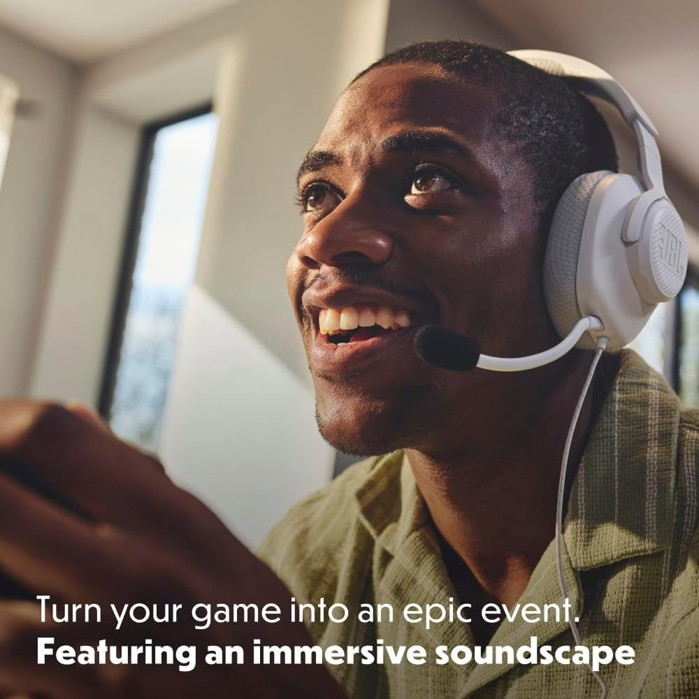 Quantum 100M2 - Wired Over-Ear Gaming Headset with Omnidirectional, Detachable Mic with Mute Option and Fabric-Covered Memory Foam Ear Cushions, Compatible with All Platforms (White)