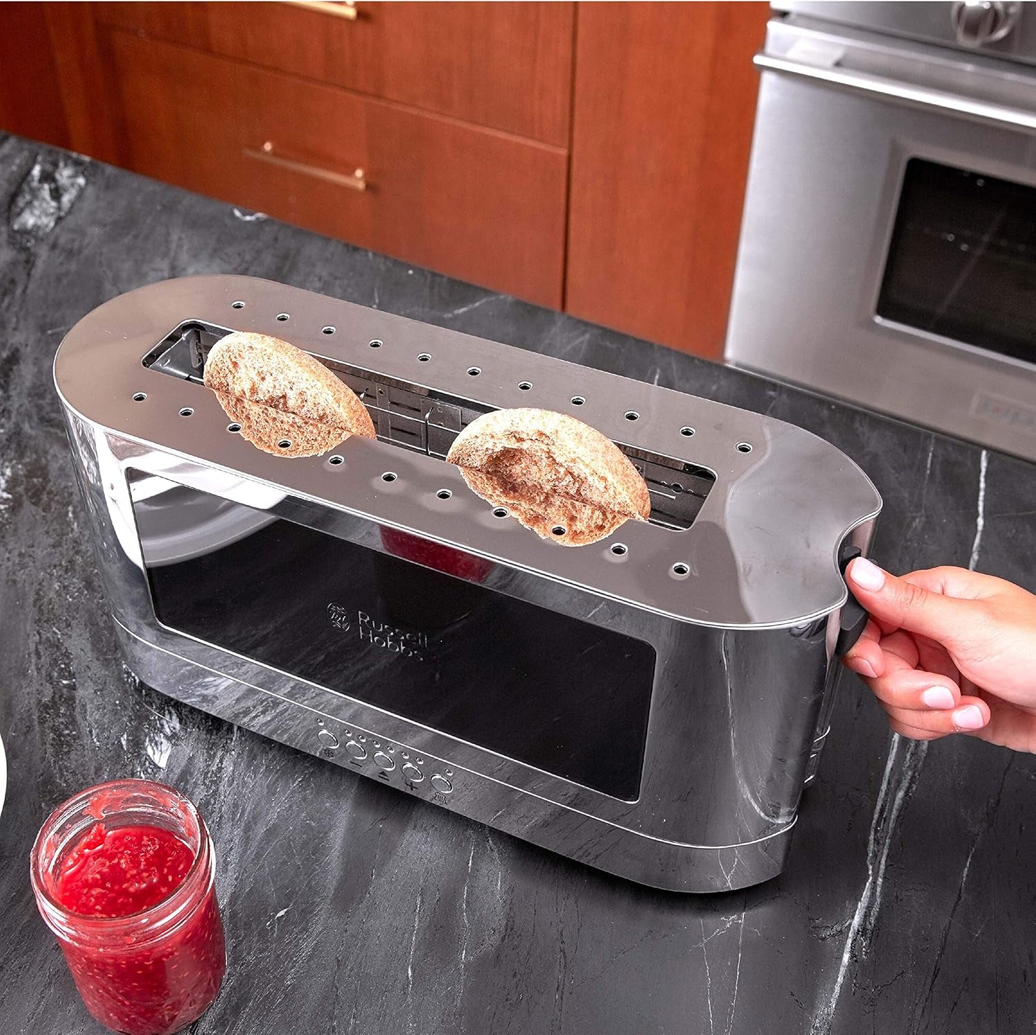 TRL9300BKR 2-Slice Glass Accent Long Toaster, Black & Silver