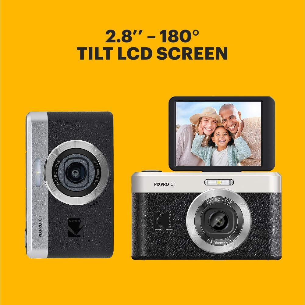 PIXPRO C1 Friendly Zoom Digital Camera - 13MP Compact Point and Shoot with 2.8” 180° Tilt LCD Flip Screen, Retro Vintage Design with 4X Zoom and 1080P Full HD Video for Travel, Vlogging, Black