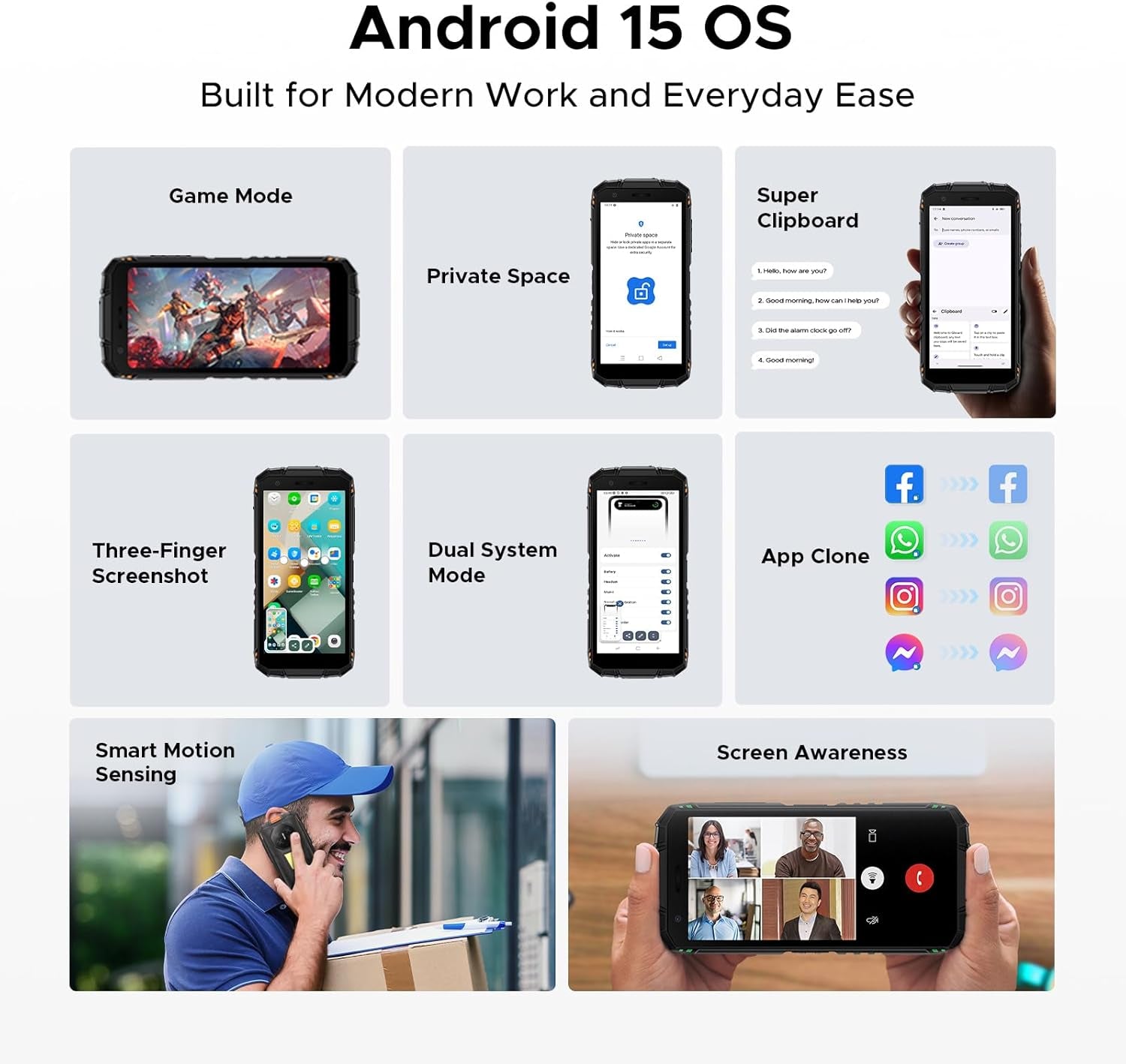 Fire 3 Max Rugged Phone Unlocked, 32GB+256GB/2TB Android 15 Rugged Smartphone, 8350Mah Battery Rugged Cell Phone with 5.5" HD Display, 48MP+20MP Night Vision, 2 Camping Lights, IP68/IP69K/GPS