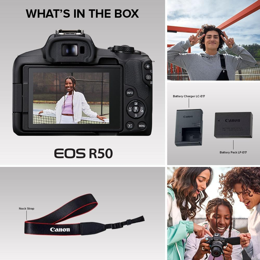 EOS R50 Mirrorless Vlogging Camera (Body Only/Black), RF Mount, 24.2 MP, 4K Video, DIGIC X Image Processor, Subject Detection & Tracking, Compact, Smartphone Connection, Content Creator