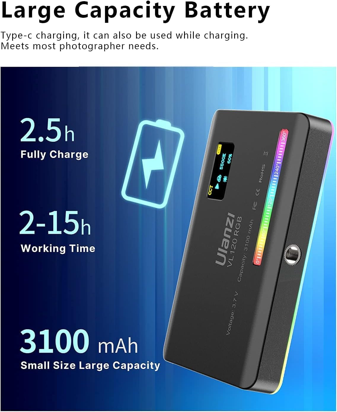 VL120 RGB Video Light, Pocket LED On-Camera Video Lights, Built-In 3100Mah Rechargeable Battery, 360 Full Color 20 Light Effects, CRI≥95 2500-9000K LED Panels for Photography Vlogging