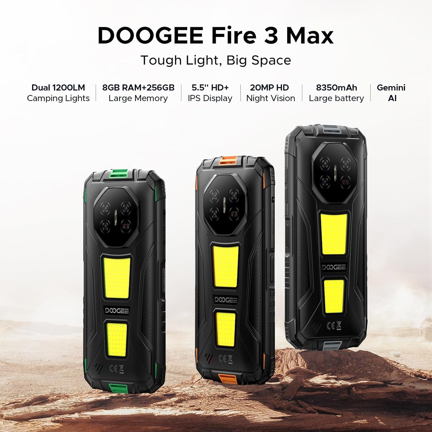 Fire 3 Max Rugged Phone Unlocked, 32GB+256GB/2TB Android 15 Rugged Smartphone, 8350Mah Battery Rugged Cell Phone with 5.5" HD Display, 48MP+20MP Night Vision, 2 Camping Lights, IP68/IP69K/GPS