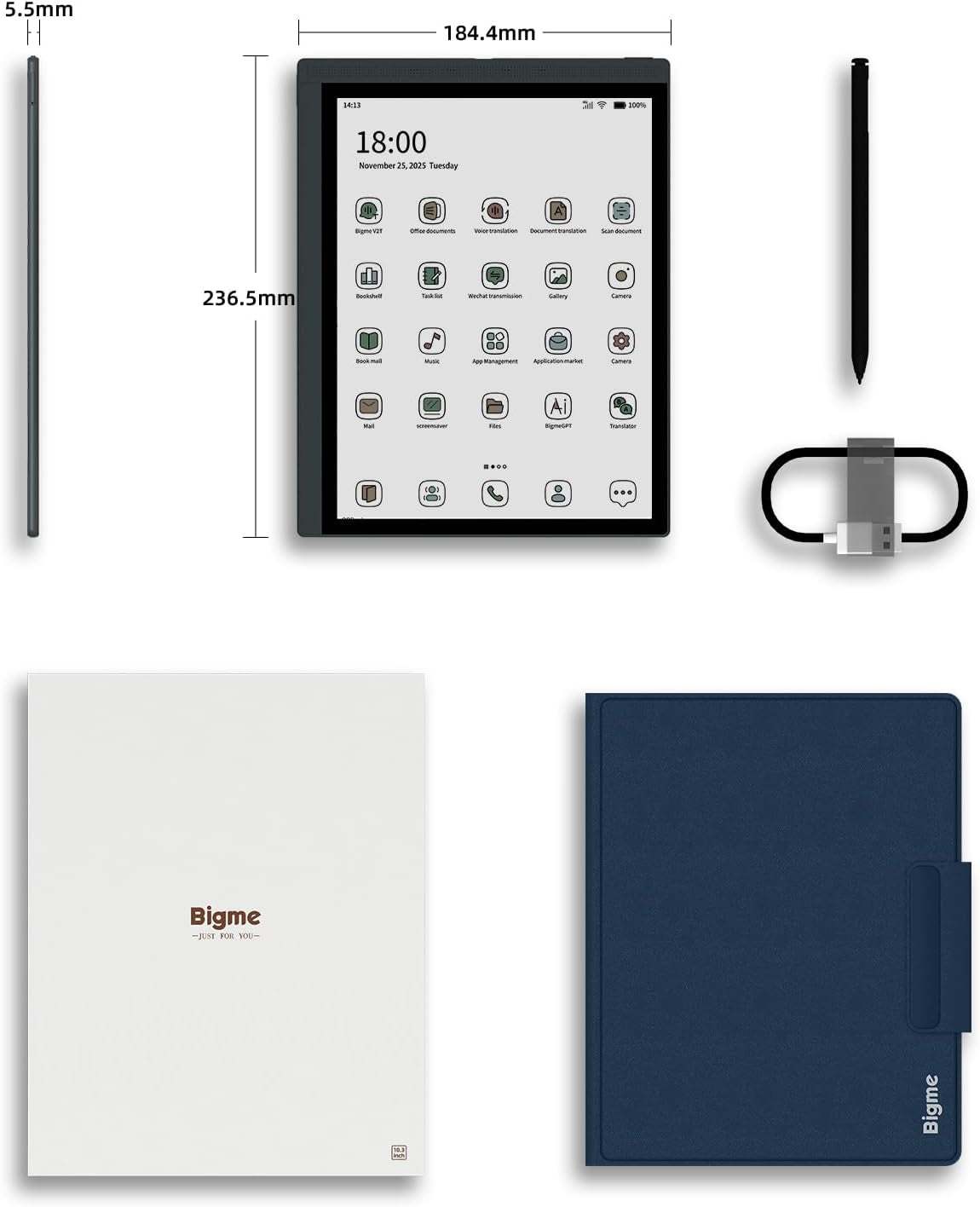 10.3" Color E-Ink Read-Write Tablet, Epaper Note Taking Tablet at 5.5Mm Thickness, 8GB RAM+256GB ROM Computer Tablets Touchscreen Display with 5MP Camera and Digital Stylus